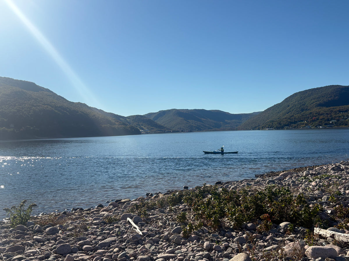 A scenic landscape photograph of a person kayaking on a smokey harbour, framed by rocky shores in the foreground and green hills under a clear blue sky.
