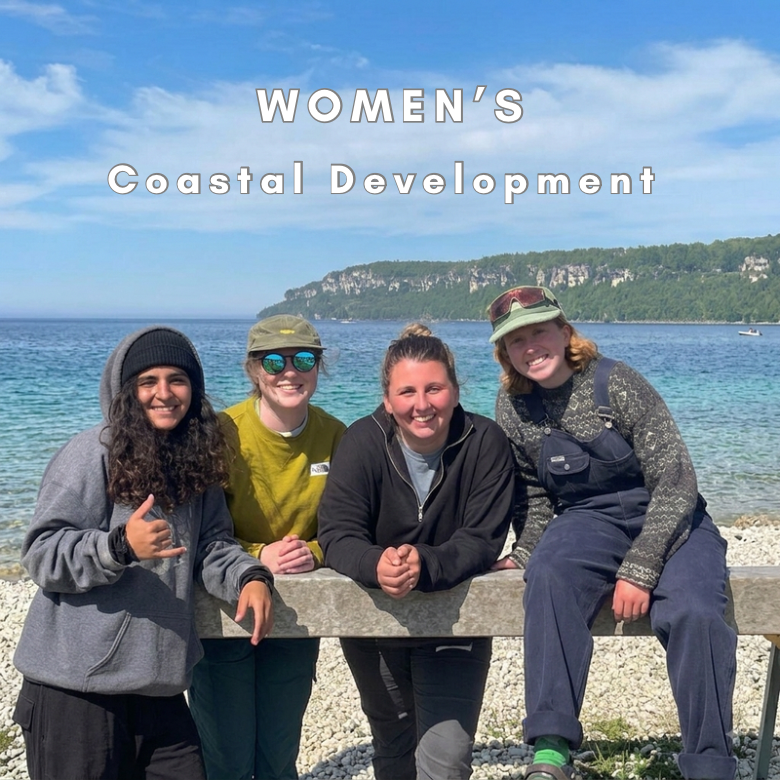 Four women posing together on a stone pier by the ocean, with the text 'WOMEN'S Coastal Development' overlaid at the top. The background shows a scenic coastal landscape with blue water, distant green hills, and a bright sky.